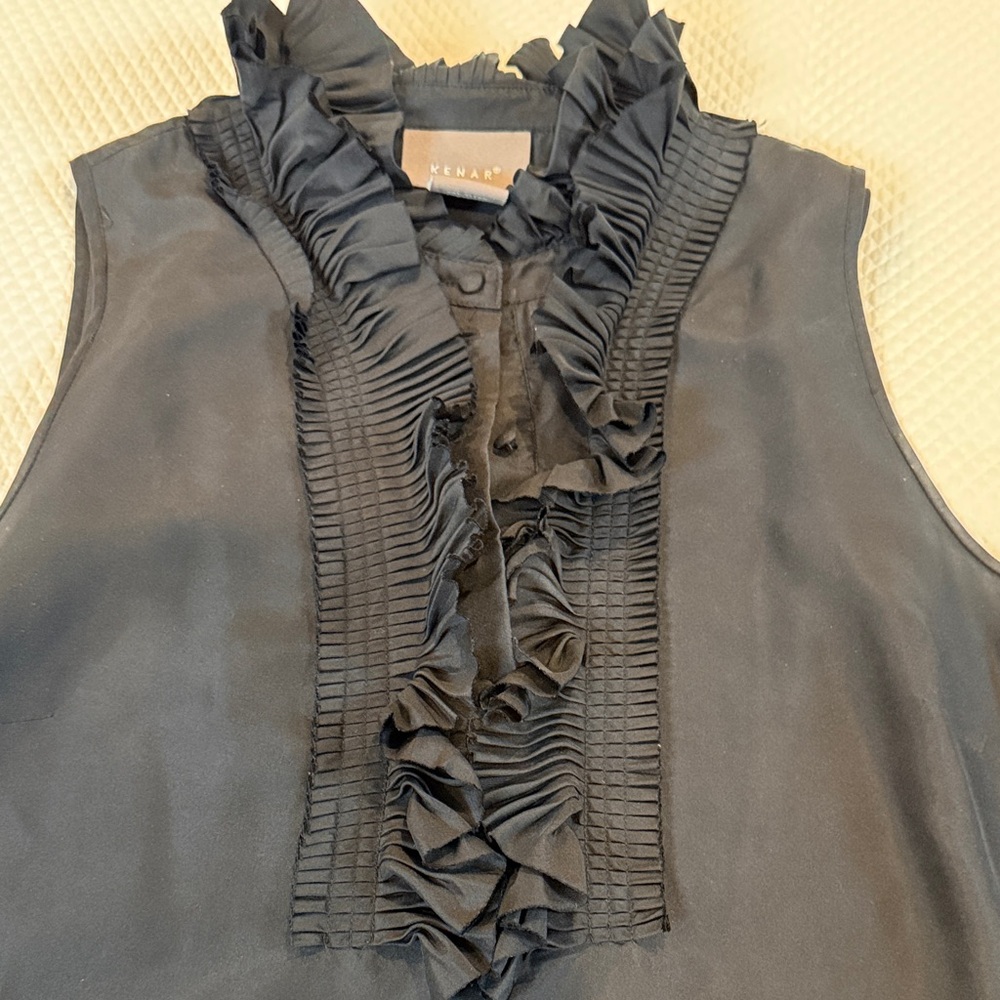 Kenar Black Sleeveless Ruffled Front Blouse